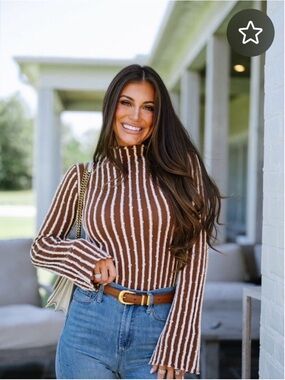 Striped Mock Neck Ribbed Sweater in Brown & White